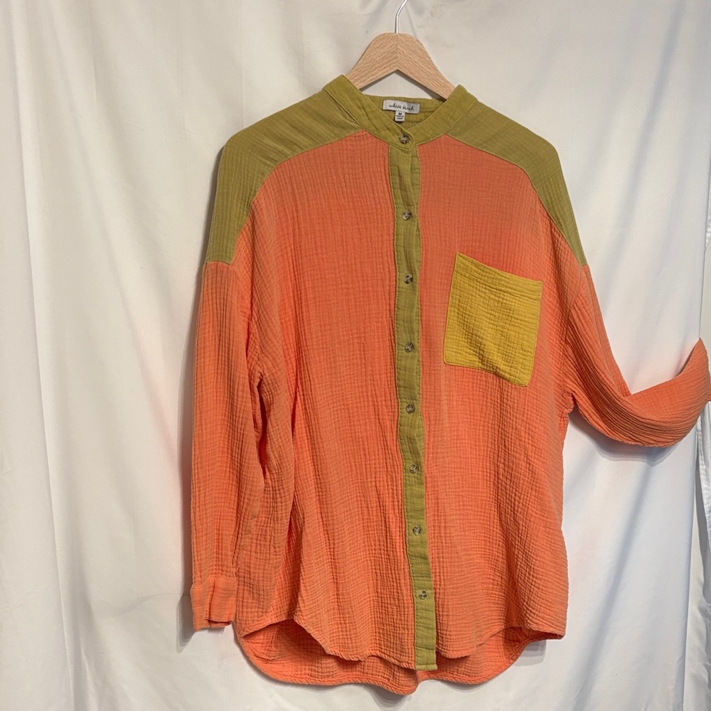 white birch Olive and Coral Button-Front Gauzy Top Boho 100% Cotton SZ M